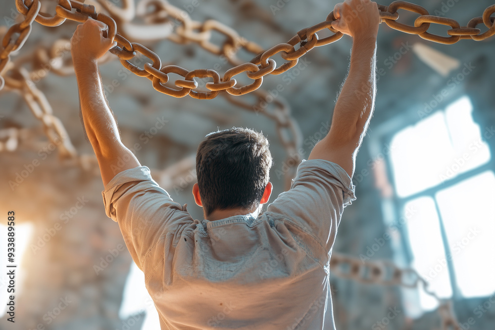 Fototapeta premium A man breaking free from chains. freedom