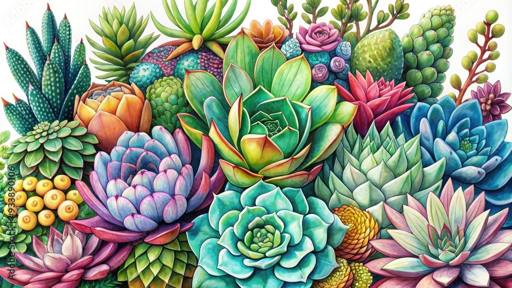 Vibrant hand-drawn succulent illustration with bold lines, soft textures, and delicate details, showcasing a variety of species in a whimsical, bohemian-inspired botanical arrangement. Vibrant hand-drawn succulent illustration with bold lines, soft textures, and delicate details, showcasing a variety of species in a whimsical, bohemian-inspired botanical arrangement.