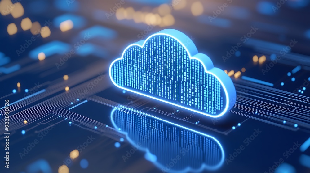 Futuristic cloud computing concept with a glowing cloud icon on a digital circuit board, symbolizing data storage and technology.