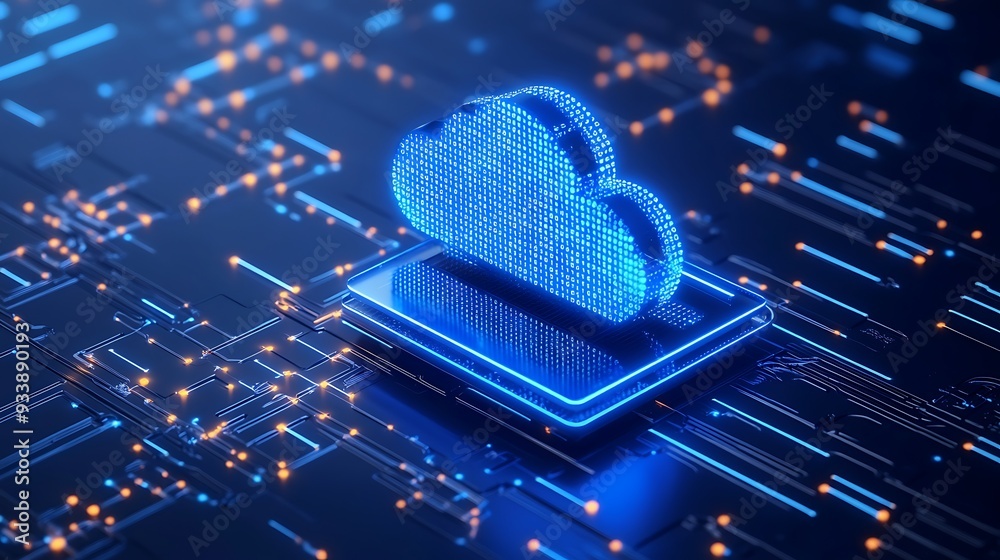 Futuristic cloud computing concept with a glowing digital cloud icon on a circuit board, representing innovation and technology. Futuristic cloud computing concept with a glowing digital cloud icon on a circuit board, representing innovation and technology.