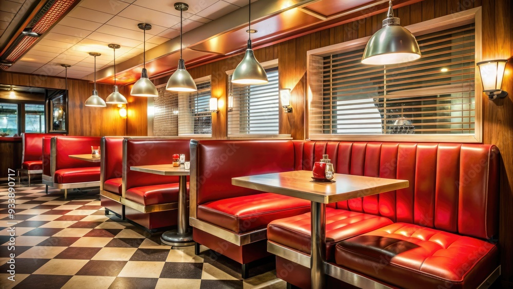 Cozy retro diner interior with warm lighting, red booths, and chrome accents, featuring a flat-screen TV mounted on a wooden wall amidst vintage decor. Cozy retro diner interior with warm lighting, red booths, and chrome accents, featuring a flat-screen TV mounted on a wooden wall amidst vintage decor.