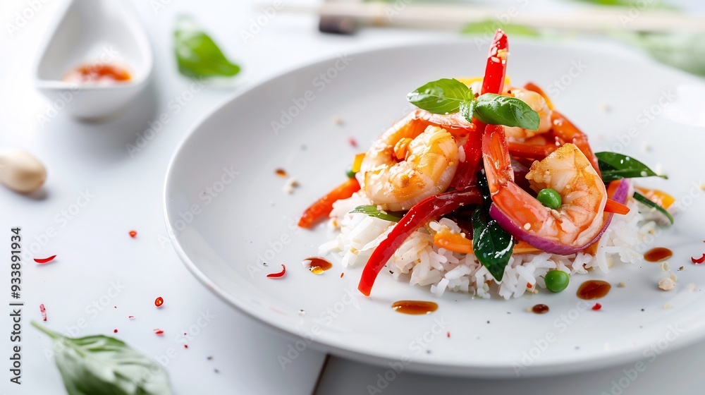 Shrimp Stir-Fry with Rice and Vegetables on White Plate Shrimp Stir-Fry with Rice and Vegetables on White Plate