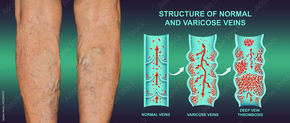 Deep Vein Thrombosis or Blood Clots. Embolus. Structure of normal and varicose female veins