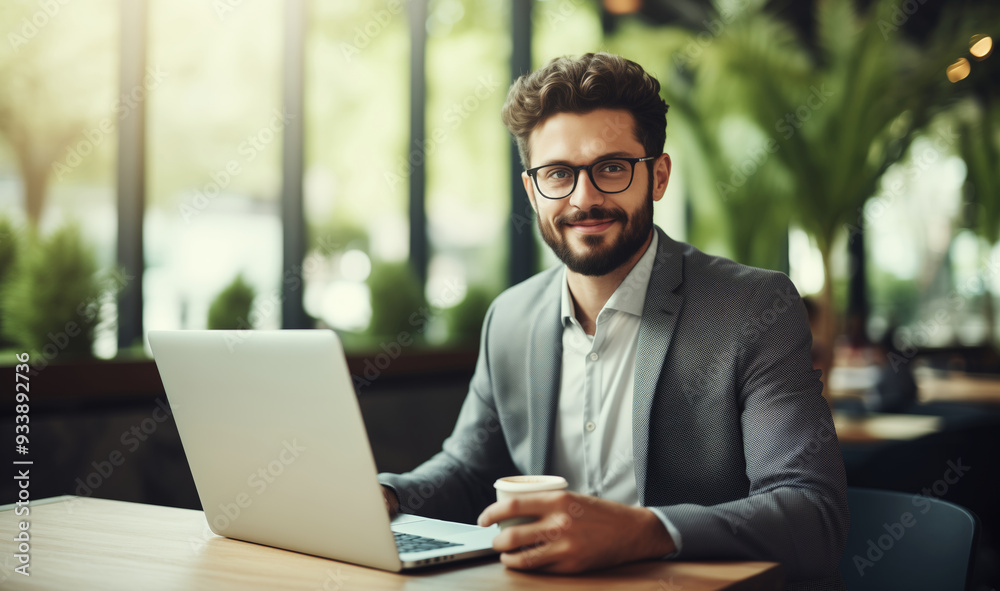 Modern successful young businessman sitting in a cafe and working on a laptop, drinks coffee Modern successful young businessman sitting in a cafe and working on a laptop, drinks coffee