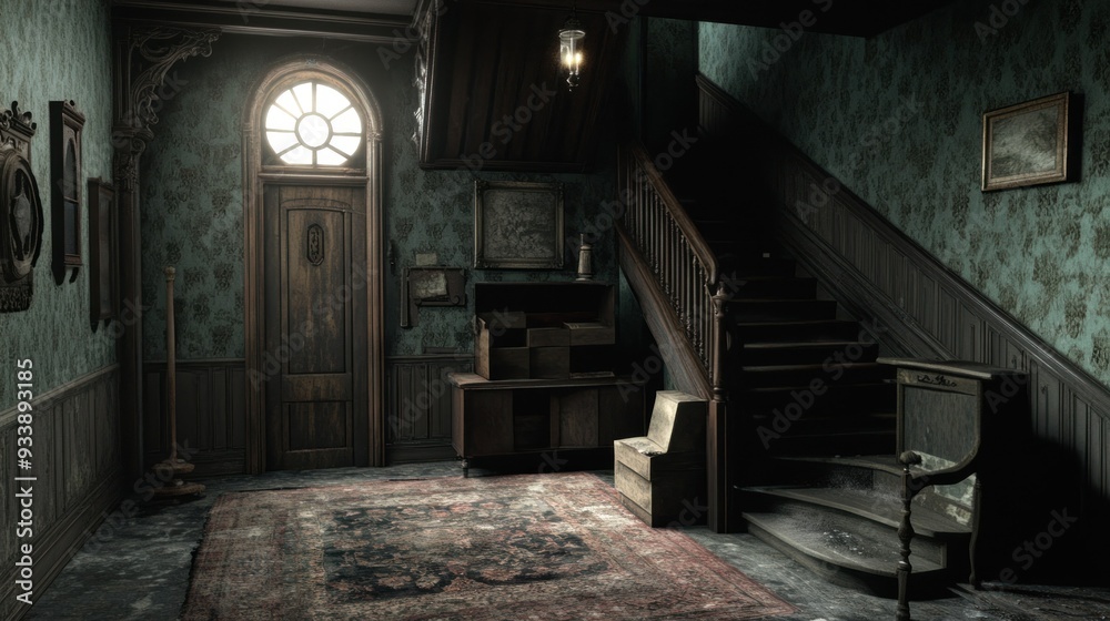 Dark and Mysterious Interior of an Old House with a Staircase Dark and Mysterious Interior of an Old House with a Staircase
