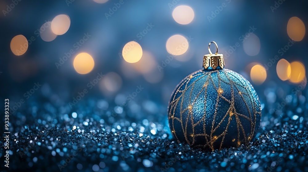 Glittering blue Christmas ornament resting on a sparkly surface Glittering blue Christmas ornament resting on a sparkly surface
