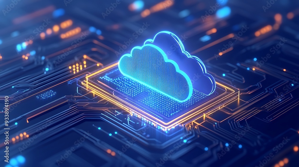 Futuristic concept of cloud computing technology with a glowing cloud symbol integrated into a modern circuit board. Futuristic concept of cloud computing technology with a glowing cloud symbol integrated into a modern circuit board.