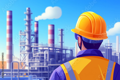 A worker in an industrial setting, wearing safety gear and looking over the construction of a factory or plant. Vector illustration with a flat design style, simple shapes