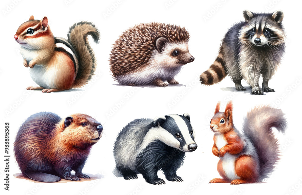 A collection of charming woodland animals including a chipmunk, hedgehog, raccoon, beaver, badger, and squirrel. Forest animals set. A collection of charming woodland animals including a chipmunk, hedgehog, raccoon, beaver, badger, and squirrel. Forest animals set.