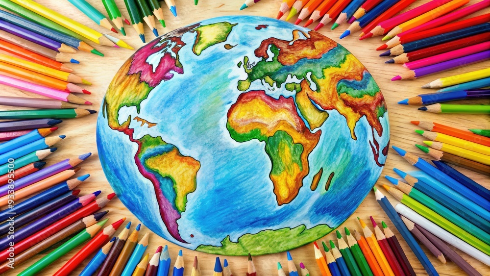 Naklejka premium Vibrant illustration of the Earth on a coloring page, surrounded by colorful pencils, crayons, and markers, waiting to be brought to life by creativity.
