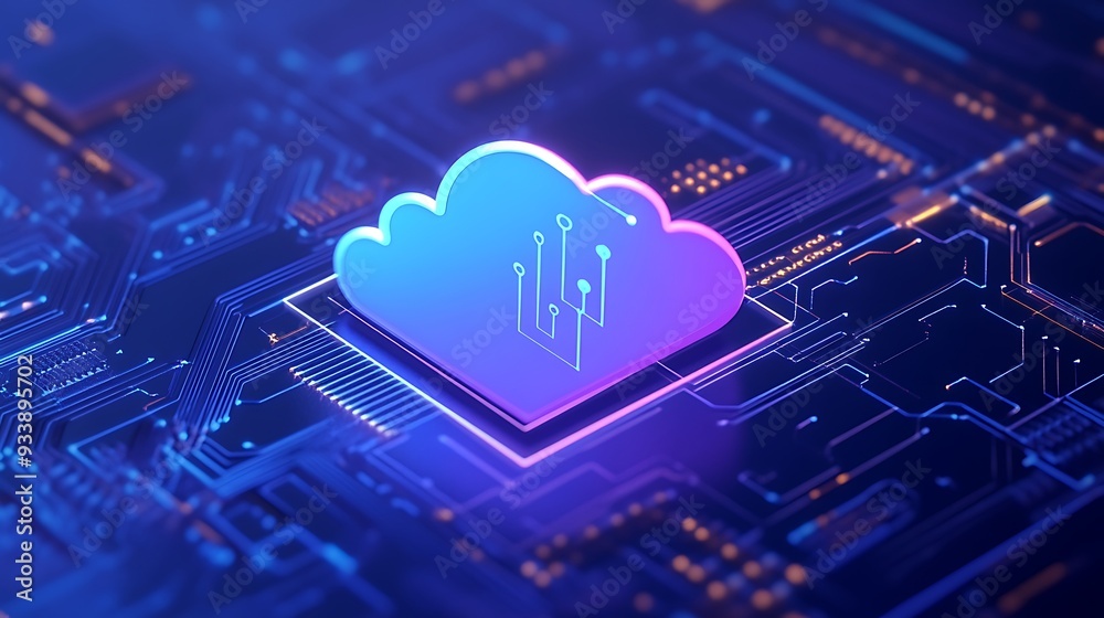 Futuristic digital cloud technology concept on a blue circuit board background representing data storage and computing. Futuristic digital cloud technology concept on a blue circuit board background representing data storage and computing.