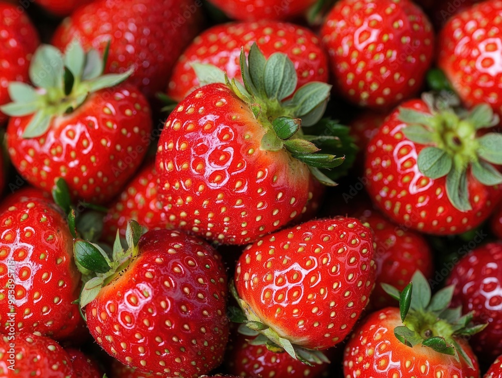 The lush summer background of fresh strawberries, highlighting their bright red hue and healthy, natural appearance in a tightly packed composition