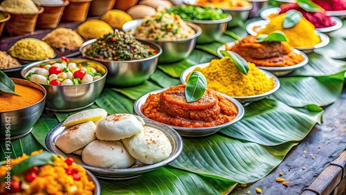 Vibrant Indian street food scene with colorful spices, steaming idlis, and savory dosas served on a banana leaf at a bustling outdoor market.