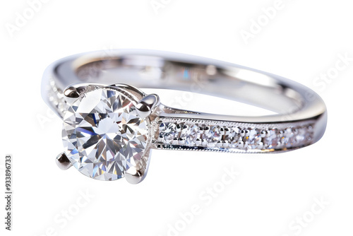 Shining white diamond engagement ring, made of platinum, a symbol of love and commitment isolated on white background