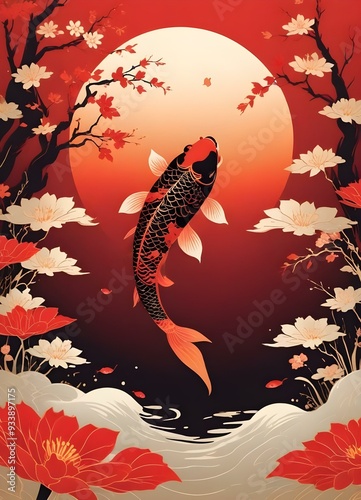 A Japanese-style illustration featuring a koi fish swimming against, moon backdrop, with Japanese text. The background has a minimalist, abstract style with blossoming tree branches photo