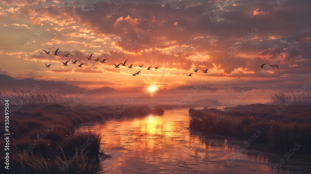 Fototapeta premium Birds flying over a calm river during a vibrant sunset