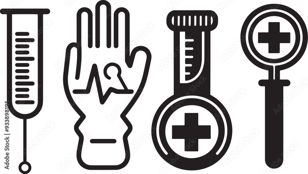 A simple vector icon set featuring a medical glove, test tube, heart rate, and thermometer A simple vector icon set featuring a medical glove, test tube, heart rate, and thermometer
