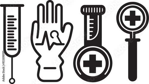 A simple vector icon set featuring a medical glove, test tube, heart rate, and thermometer