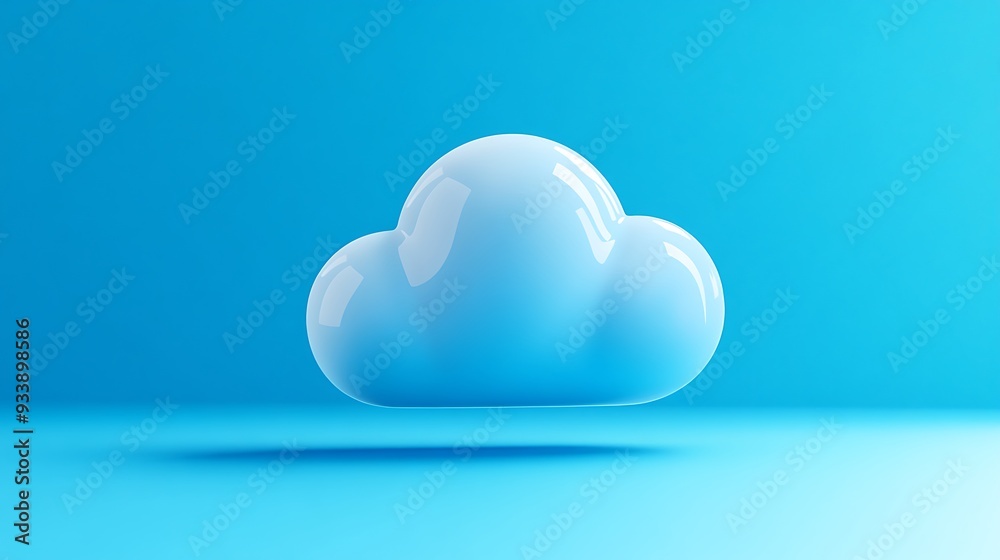 Minimalistic 3D rendering of a floating glossy cloud on a vibrant blue background, representing technology and data storage. Minimalistic 3D rendering of a floating glossy cloud on a vibrant blue background, representing technology and data storage.