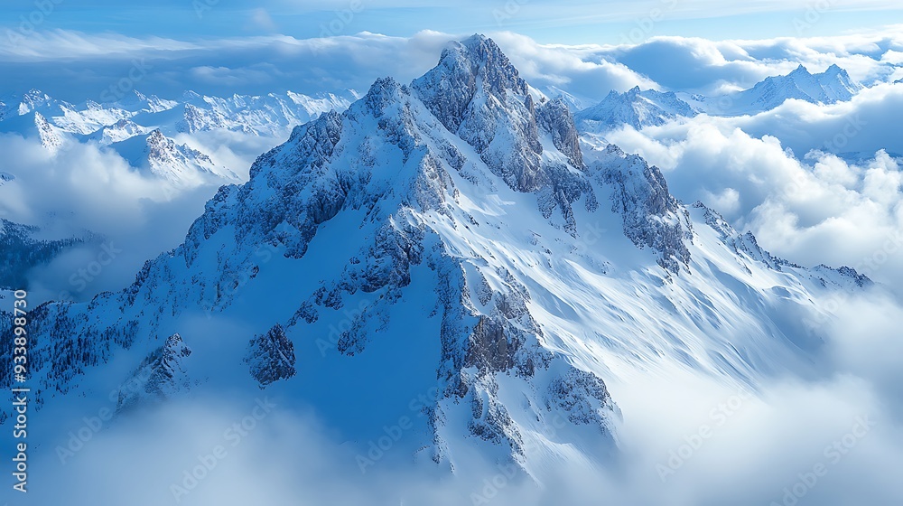 Obraz premium A majestic snow-capped mountain peak rises above a sea of clouds, bathed in the warm glow of the morning sun.