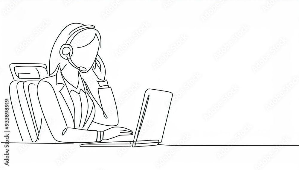 Single continuous line drawing of young happy female call center worker answering complain call from customer kindly. Helpdesk center care concept Single continuous line drawing of young happy female call center worker answering complain call from customer kindly. Helpdesk center care concept