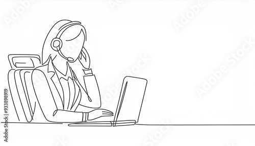 Single continuous line drawing of young happy female call center worker answering complain call from customer kindly. Helpdesk center care concept