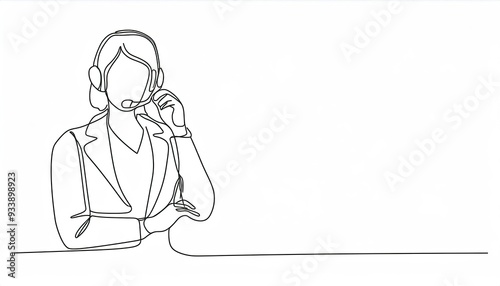 Single continuous line drawing of young happy female call center worker answering complain call from customer kindly. Helpdesk center care concept