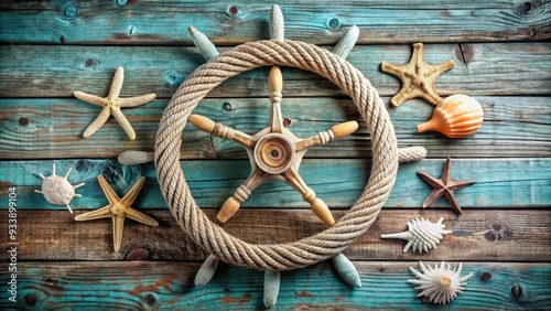 Decorative nautical shell arrangement featuring a vintage wooden ship's wheel, rope, and starfish, set against a rustic driftwood background with a soft seafoam glow. photo