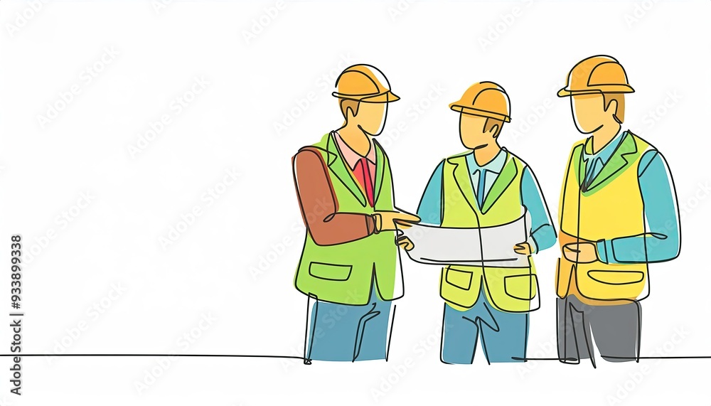 Single continuous line drawing of young construction manager giving instruction to builder coordinator at site meeting. Building architecture business concept. One line draw design vector Single continuous line drawing of young construction manager giving instruction to builder coordinator at site meeting. Building architecture business concept. One line draw design vector