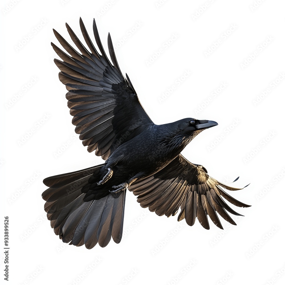 Fototapeta premium A black crow is flying in the air with its wings spread wide