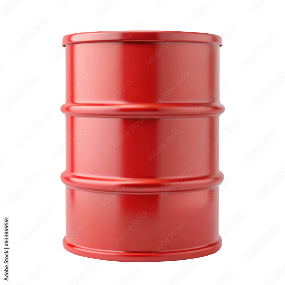 3D red industrial oil barrel with a metallic texture. Suitable for energy, industrial, or oil-related illustrations and environmental concepts. Isolated on transparent background, png.