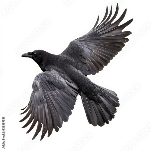 A crow is flying in the sky with its wings spread wide