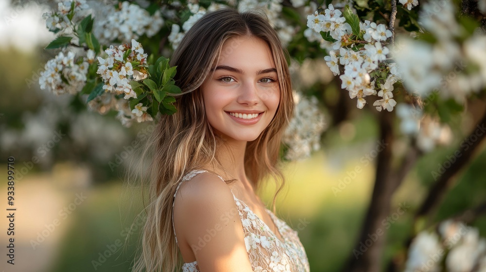 A young woman wearing a breezy summer dress stands next to a flower-filled tree, grinning and facing the camera. A young woman wearing a breezy summer dress stands next to a flower-filled tree, grinning and facing the camera.