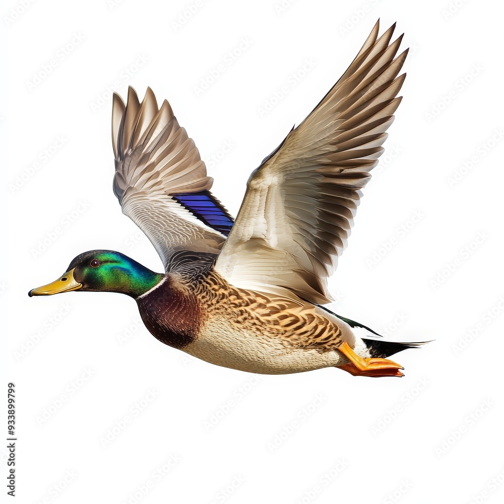 A duck is flying in the air with its wings spread out A duck is flying in the air with its wings spread out