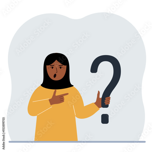 A woman is holding a question mark symbol. Ask questions and look for answers. FAQ or frequently asked questions concept, online support center. Vector flat illustration.
