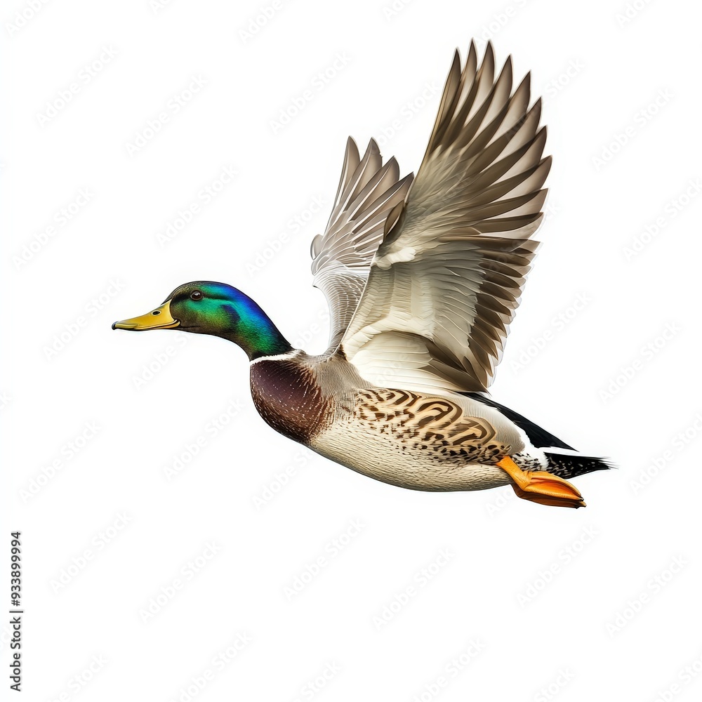 A duck is flying in the air with its wings spread out A duck is flying in the air with its wings spread out