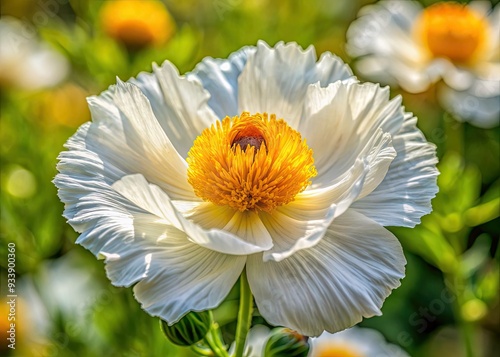 Delicate, cup-shaped petals of Romneya coulteri's-large, showy flower exhibit soft, creamy whites with subtle yellow centers and intricate, wispy stamens in warm, natural light. photo