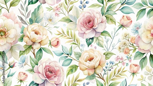 Delicate, dreamy watercolor florals in soft pastel hues dance across a creamy white background, evoking a sense of gentle elegance and serene sophistication. photo