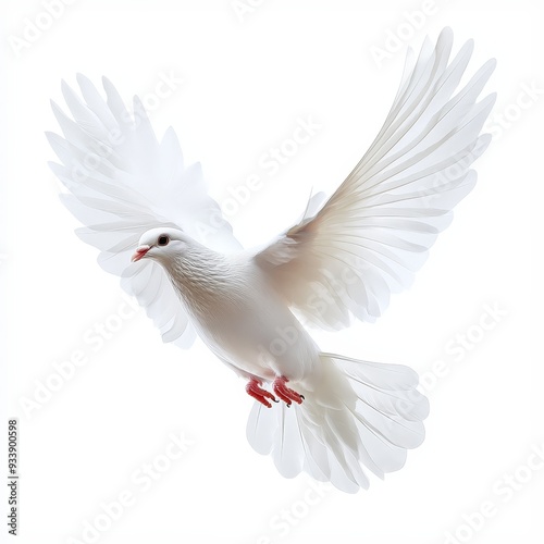 A white dove with red feet flies in the air