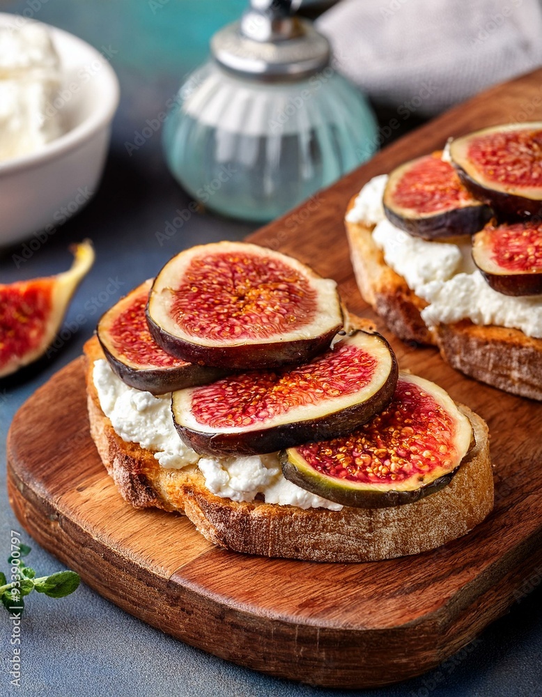 Rye bread toast with figs and ricotta cheese on a wooden board. Food recipe background. Close up. Rye bread toast with figs and ricotta cheese on a wooden board. Food recipe background. Close up.