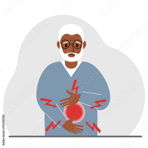 A problem with the intestines, stomach or a bolt in the abdomen. A man holds his hands on his stomach near the place of pain. Vector flat illustration.