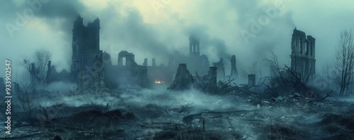 A haunting scene of destruction where ruins and smoke create a somber landscape, evoking feelings of loss and despair.