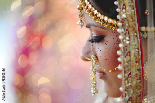 The beautiful Indian bride is wearing gold diamond ornaments and jewellery. Jewellers. commercial photo, glamorous portrait