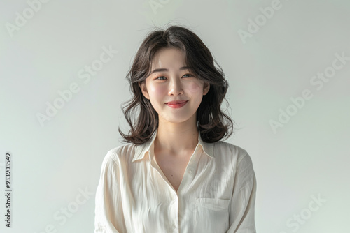 A charming Asian woman dressed in elegant white office attire, with a simple and clean design, stands confidently with a professional hairstyle and subtle makeup against a neutral background.