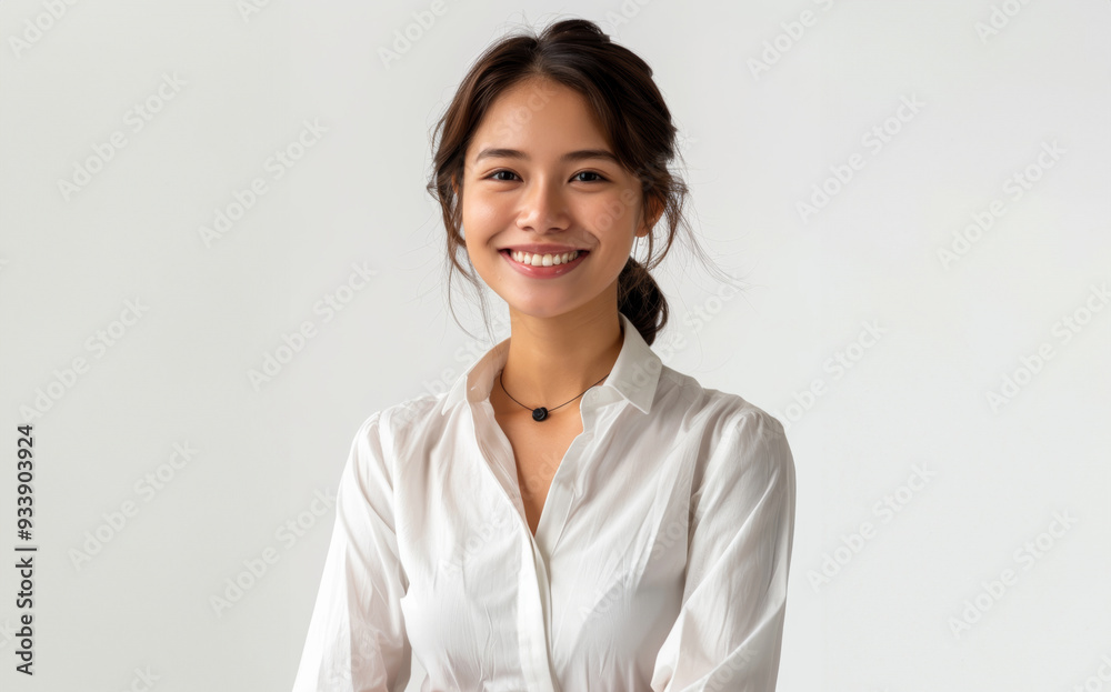 A charming Asian woman dressed in elegant white office attire, with a simple and clean design, stands confidently with a professional hairstyle and subtle makeup against a neutral background. A charming Asian woman dressed in elegant white office attire, with a simple and clean design, stands confidently with a professional hairstyle and subtle makeup against a neutral background.