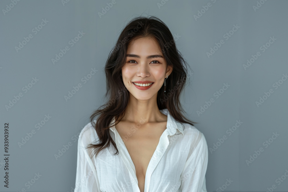A charming Asian woman dressed in elegant white office attire, with a simple and clean design, stands confidently with a professional hairstyle and subtle makeup against a neutral background. A charming Asian woman dressed in elegant white office attire, with a simple and clean design, stands confidently with a professional hairstyle and subtle makeup against a neutral background.