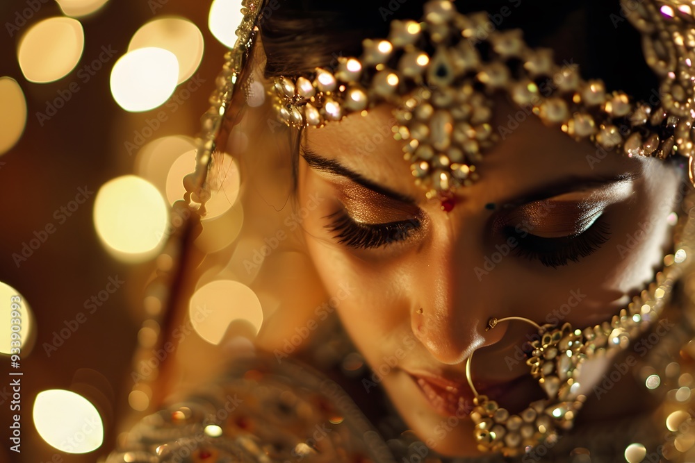 The beautiful Indian bride is wearing gold diamond ornaments and jewellery. Jewellers. commercial photo, glamorous portrait The beautiful Indian bride is wearing gold diamond ornaments and jewellery. Jewellers. commercial photo, glamorous portrait