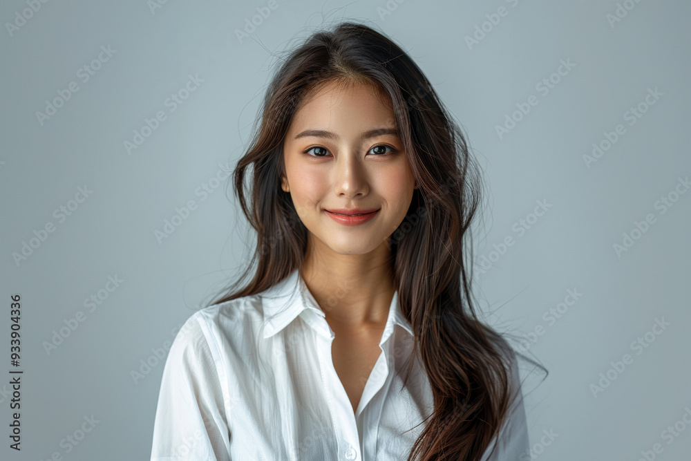 A charming Asian woman dressed in elegant white office attire, with a simple and clean design, stands confidently with a professional hairstyle and subtle makeup against a neutral background. A charming Asian woman dressed in elegant white office attire, with a simple and clean design, stands confidently with a professional hairstyle and subtle makeup against a neutral background.