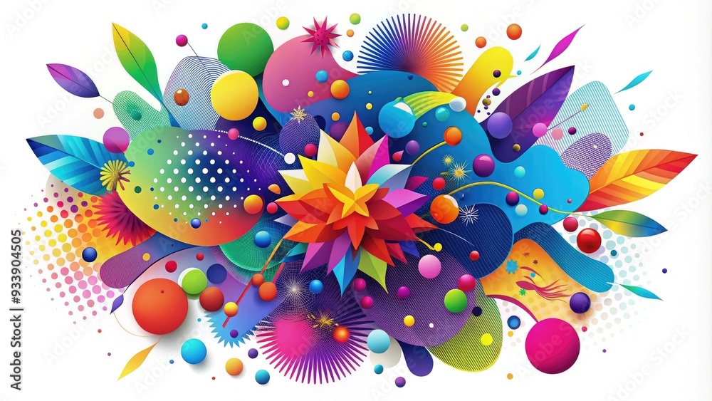 Fototapeta premium Vibrant multicolored splatters explode in a dynamic composition, blending organic textures with geometric shapes, forming a futuristic and abstract vector illustration on a white background.