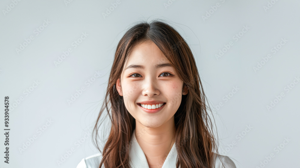 A charming Asian woman dressed in elegant white office attire, with a simple and clean design, stands confidently with a professional hairstyle and subtle makeup against a neutral background. A charming Asian woman dressed in elegant white office attire, with a simple and clean design, stands confidently with a professional hairstyle and subtle makeup against a neutral background.